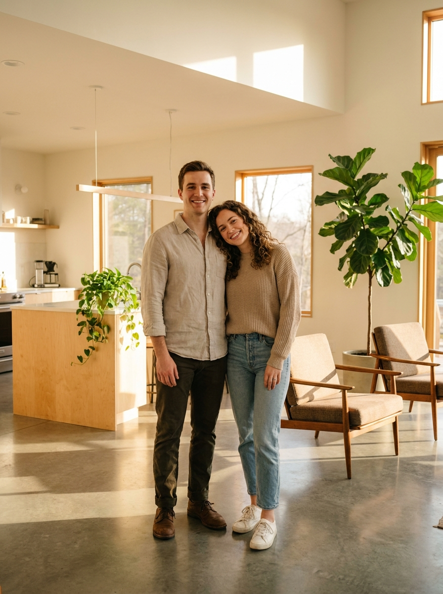Happy homeowners in their beautifully renovated modern home